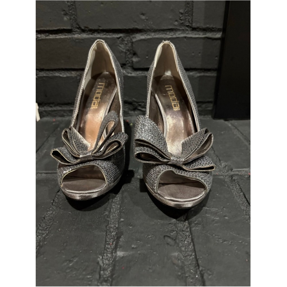Moda Spana Silver Glitter Peep Toe Bow Platform Pumps Stiletto Heels Womens 8.5M
